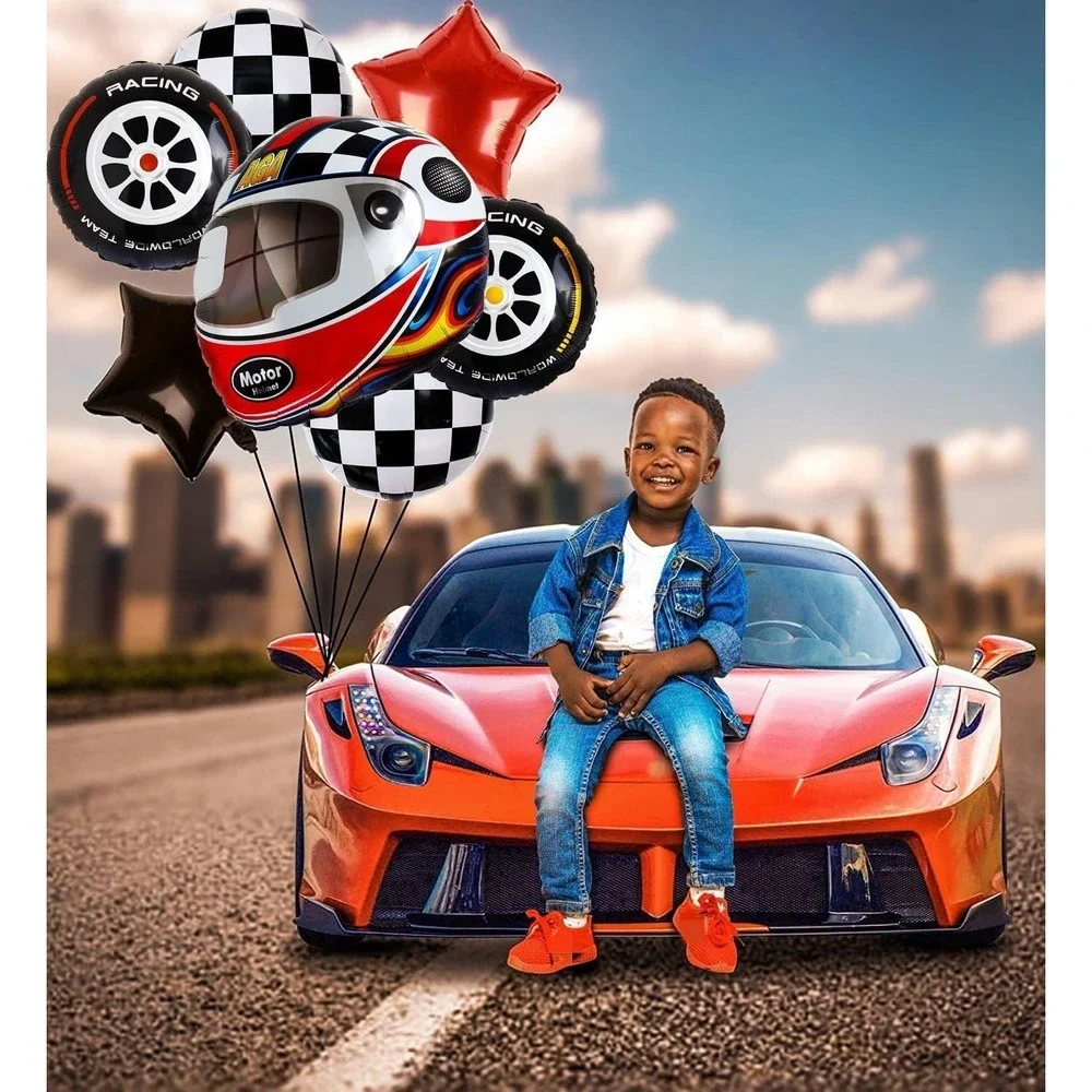 Race Car Tire Balloons Black‎ White Checkered Decor